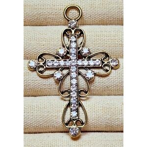 Vintage‎ Brass Styled Celtic Cross Pendant w/ Clear Rhinestones